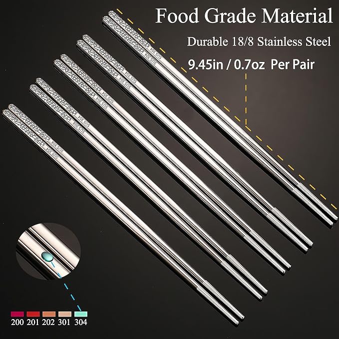 Stainless Steel Chopsticks Reusable, 5 Pairs, Silver Crack Pattern | Dishwasher Safe,18/8 Stainless Steel,Metal Chopsticks,Lightweight,Non-Slip,Laser engraving patterns