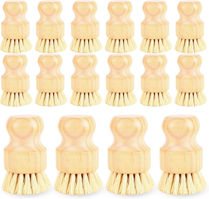 16 Pack Bamboo Dish Scrub Brushes Set Kitchen Pot Pans Cleaning Brushes Scrubber Sisal Bristles Wooden Brushes for Iron Pot Dishwashing Sink Vegetables