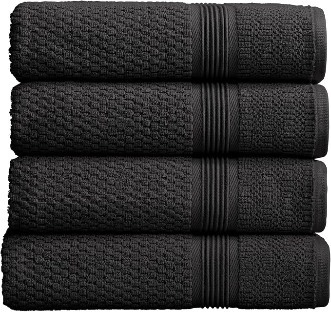 Market & Place 100% Cotton Waffle Weave Bath Towels Set of 4 – Soft, Quick-Dry, Lightweight, Textured Bathroom Towels – Black | Zoey Collection