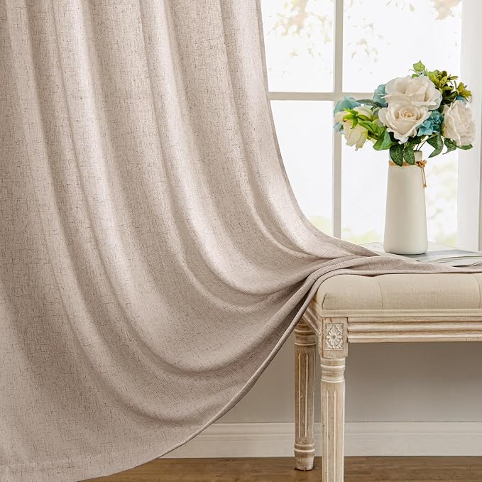 MIULEE Non-See-Through Privacy Linen Curtains 2 Panels, Light Filtering Window Curtains Farn House Textured Back Tab Semi Sheer Drapes for Bedroom Living Room, 52 x 96 Inches Long, Burlywood