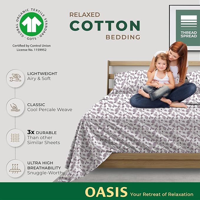 THREAD SPREAD 100% Organic Cotton Sheets King Size - Organic Cotton Percale Weave Sheet Set (4 PC, Paisley), Soft, Cooling, Crisp & Breathable, 16" Deep Pocket Hotel Quality Bedding Set