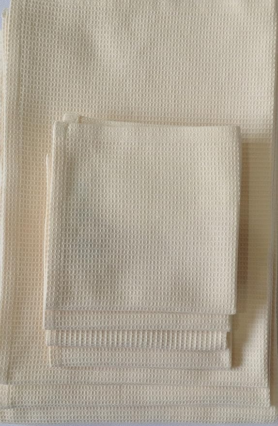 Bath Towel Set Waffle, Organic Cotton, GOTS Certified (Ivory) Super ABSORBANT & Quick Dry, NO SOFTENERS, Environment Friendly, 1xBATH 58x30.5, 2xHAND 29x20, 4xFACE 12x12 INCH