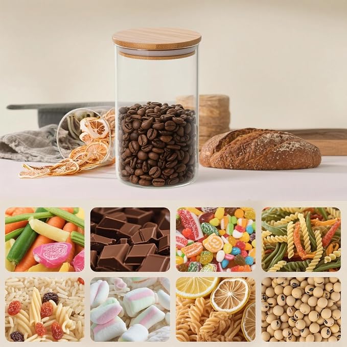 12 Glass Canisters for Food Storage Glass Spice Jars Airtight Bamboo Lids | 36oz [Set of 6] and 17oz [Set of 6] Apothecary Jars, Pantry Organizers and Storage for Overnight Oats, Coffee, Candy, Flour