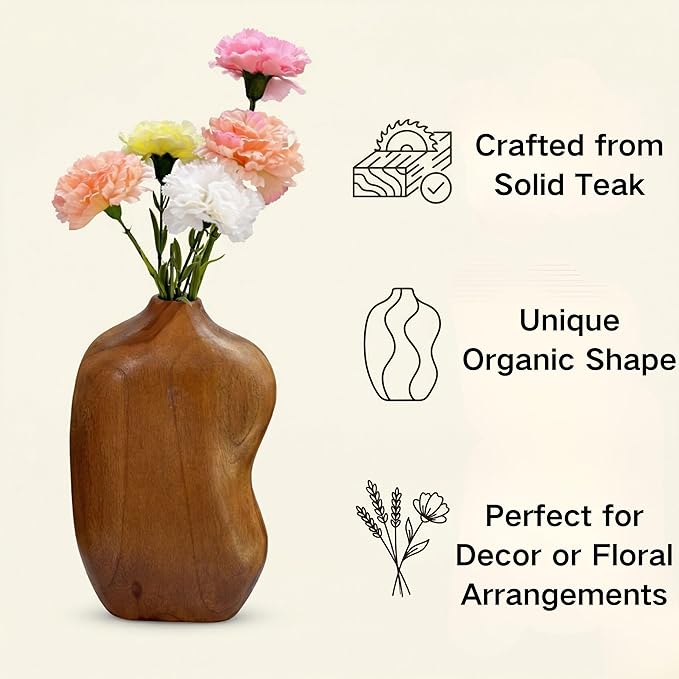 Wooden Decorative Vase, Teak Wood Vase for Home Decor, Farmhouse Boho Table Centerpiece for Living Room Dining Table (No Plants Included)