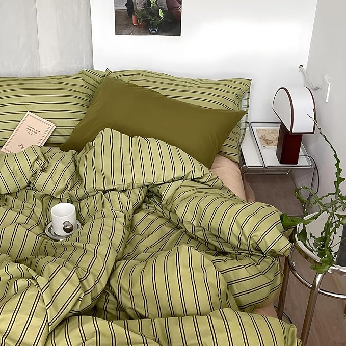 mixinni Vintage Stripes Duvet Cover Set King - 3-Piece Mid-Century Cotton Olive & Taupe Striped Bedding, Soft Breathable All-Season Comforter Cover with Zipper Closure & Corner Ties-King Size