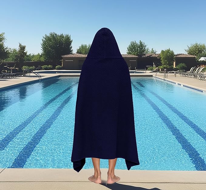 COTTON CRAFT Hooded Bath Towel – Oversized 35 x 70 Waffle Weave Towel with Hood for Adults - 100% Ringspun Cotton Pool Bath Sheet Wrap with Hood - Soft Super Absorbent Quick Dry – 450 GSM – Navy