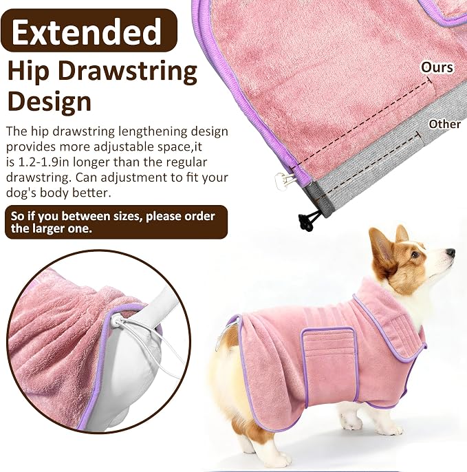 Soft Dog Bathrobe Fast Drying Dog Coat, Super Absorbent Dog Towels for After Bath, Microfiber Pet Robe Adjustable Collar & Belly Warm Keeping Dogs Coat for Pet Dogs & Cats (Pink, X-Large)