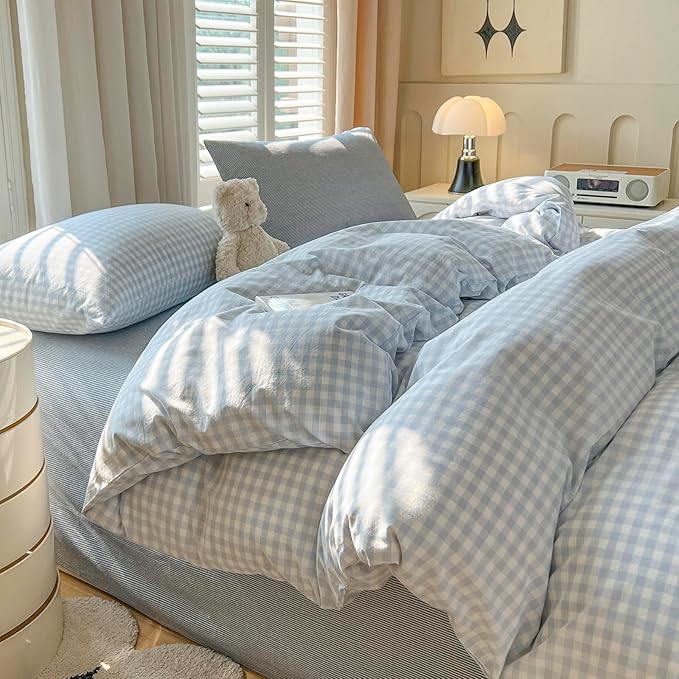 mixinni Light Blue Gingham Duvet Cover Set Twin Size - 100% Washed Cotton 3 Piece Plaid Checkered Bedding Set, Soft Comfy Grid Farmhouse Comforter Cover with Zipper Closure & Corner Ties
