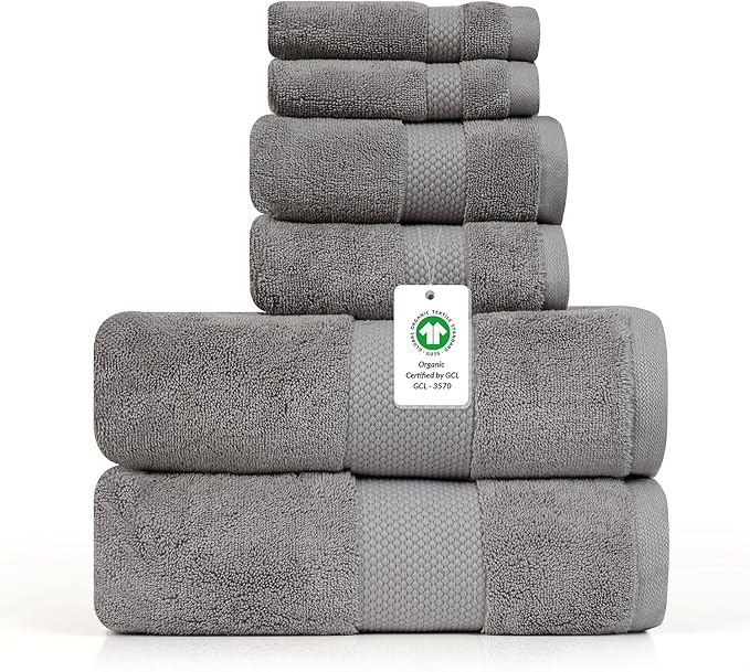 Farm to Home 100% Organic Bath Towel Set of 6 – GOTS & Oeko-TEX Certified Organic Cotton, Soft, Ultra Absorbent, Quick Dry - Includes 2 Bath Towels, 2 Hand Towels, 2 Washcloths - Stone