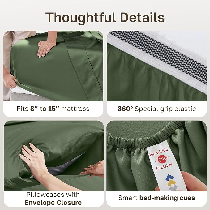 California Design Den Queen Sheets Set - Soft 100% Organic Sheets with Deep Pockets, Crisp Percale, Breathable and Durable Bedding Set - Olive Green