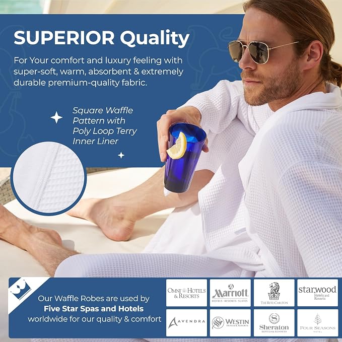 MONARCH Unisex Plush Lined Waffle Spa Robe – Soft and Warm Textured Fabric, Generously Sized Hotel & Spa Robe with Pockets