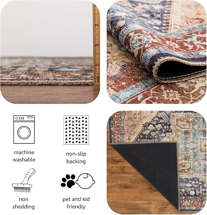 Keen Home Design 30"x84" Rug - Machine Washable Runner Rug with Non-Slip Backing, Ideal for Hallway, Entryway, Kitchen, Laundry Room - Vintage, Easy Clean, Durable, Low Pile Rug - (2'6" x 7')