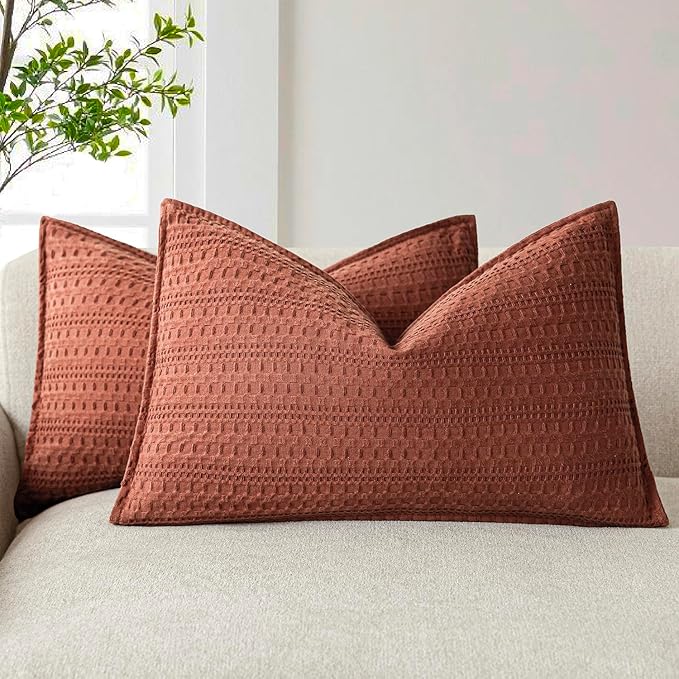 Foindtower Set of 2 Decorative Cotton Waffle Weave Lumbar Throw Pillow Covers Euro Shams Cushion Covers Accent Pillowcase for Bed Couch Sofa Bedroom Living Room Home Decor 12×20 Inch Fall Rust Orange