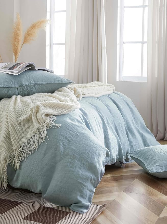 100% French Flax Linen Duvet Cover Set, King Size 104''x90'' 3 Pcs with 8 Corner Ties and Button Closure, Soft and Breathable for All Season(Blue, King)