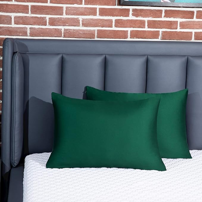 100% Mulberry Silk Pillowcase 2 Pack for Hair and Skin,with Hidden Zipper,Both Sides 19 Momme 600 Thread Count Natural Silk Pillow Cover,Soft Breathable Smooth (Dark Green, Queen 20''x30'')