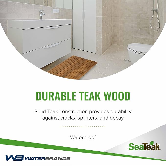 SeaTeak Rectangular Wooden Teak Shower Mat | Waterproof Mat | Indoor Bath Mat | Outdoor Shower Platform | 31.5" L x 19.75" W x 1.25" H