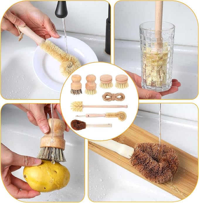 8 Pcs Bamboo Dish Brush Dish Washing Scrub Bottle Brushes Wooden Palm Pot Brush Cleaning Scrubbers with Natural Sisal Bristles Long Handle for Pots Pans, Vegetables, Household Cleaning