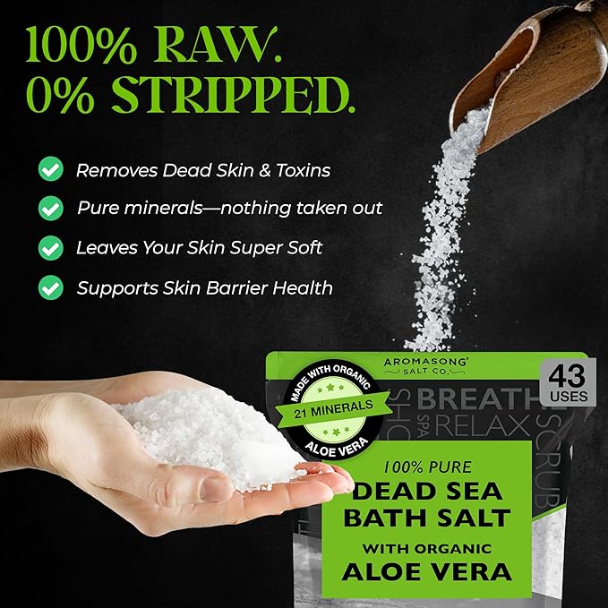 Aromasong Dead Sea Salt with Organic Aloe Vera, Spa Bath Salts, 19 Lbs Fine Bulk resealable Pack, 100% Pure & Natural, Soak for Women & Men for Tired Muscles & Skin Issues (Packaging May Vary)