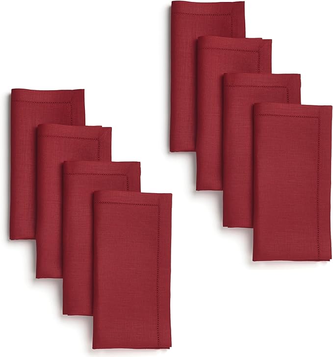 Signature Linen™ by D'Moksha Red Dinner Napkins Set of 8, 20 x 20 Inch Cloth Napkins, 100% Pure Linen, Hemstitch, Machine Washable Table Napkins- Summer, Father's & Independence Day