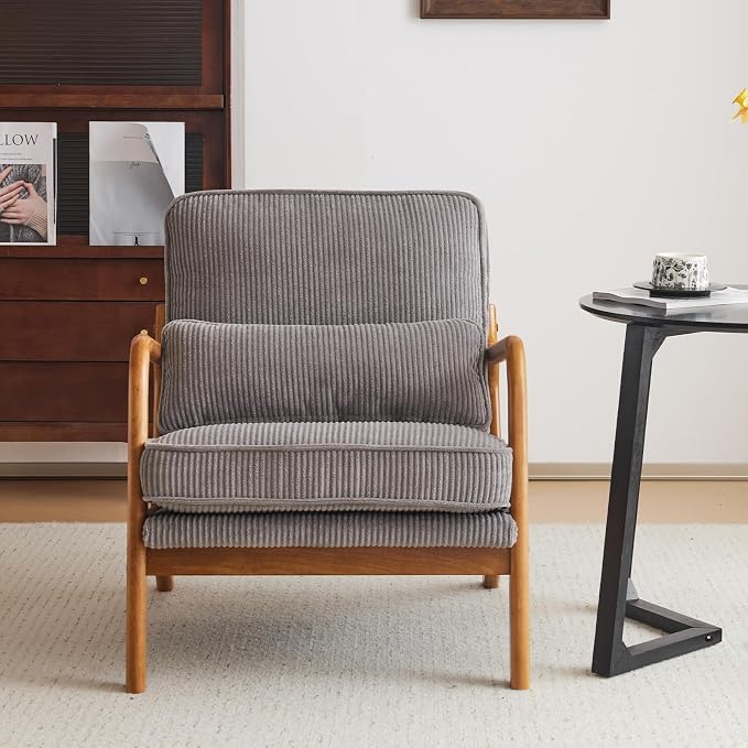 Karl home Mid-Century Modern Accent Reading Chair, Grey | Corduroy Upholstered, Solid Wood Frame, Soft Cushion, Lumbar Pillow, Lounge Armchair for Living Room, Bedroom, Balcony, Study
