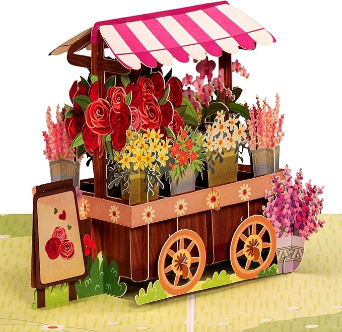 Paper Love Frndly Pop Up Valentine's Day Card, Flower Stand, Handmade 3D Popup Cards, 100% Recycled and Eco-Friendly, 8" x 6" Cover - with Removable Note Tag