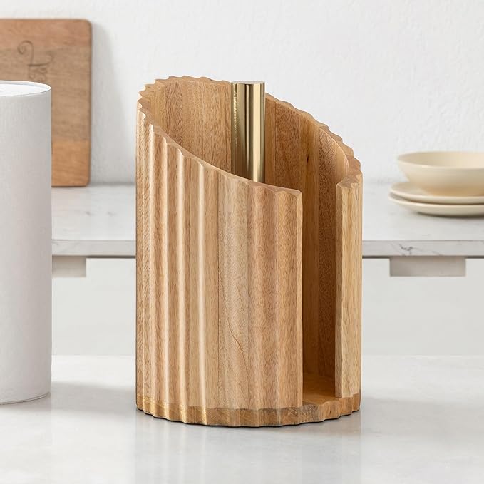 Anji Mountain Wooden Paper Towel Holder Countertop with Mango Wood Round Base and Iron Holder, Holder Stand for Kitchen Roll Organizer & Kitchen Dining Table Home Decor - Mango/Gold, Fluted