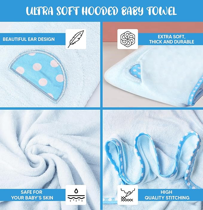 Set of 2 Hooded Baby Towels – Blue and Grey – Luxurious, Large and Super Absorbent – 30 x 30 Inch – Soft and Suitable for Infants, Toddlers and Kids – 400 GSM