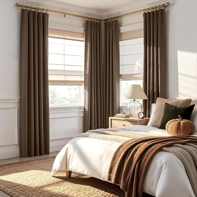 RYB HOME Brown 100% Blackout Curtains 96 inches Long, Thermal Insulating Privacy Energy Saving Linen Curtains for Bedroom Living Room Window Office Theater Dining Nursery, W52 x L96, 2 Panels