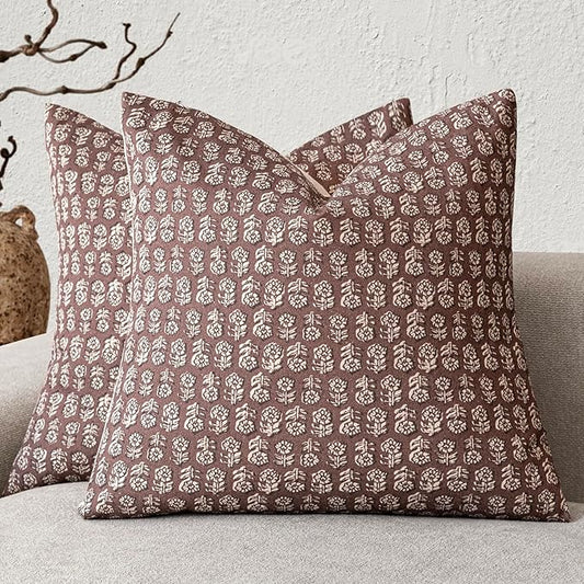 Foindtower Set of 2 Decorative Neutral Floral Print Throw Pillow Covers Vintage Accent Farmhouse Cushion Covers Boho Home Decor for Sofa Couch Chair Bedroom Living Room,20×20 Inch,Wine Red