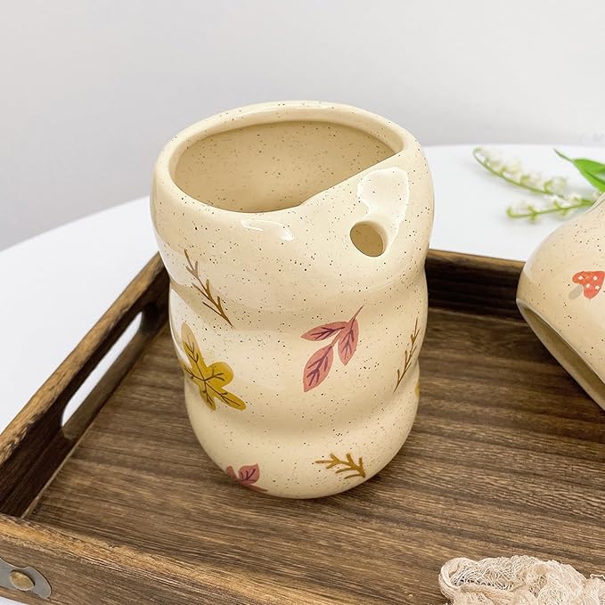 Ceramic Coffee Mug with Sip Hole, 13.5 oz Handmade Pottery Mug, No-Handle Modern Ceramic Cup for Daily Coffee & Tea, Office Use, Maple Leaf Design (1 Pack)
