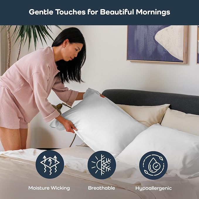 Olive + Crate Tencel Eucalyptus Pillowcases - 100% Tencel Lyocell Cooling Pillow Cases for Hot Sleepers - Hypoallergenic, Moisture-Wicking, Silk Alternative, Vegan - Queen Size Set of 2 [White Snow]