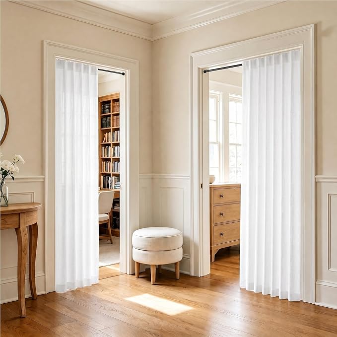 Pitalk White Curtains 78 Inches Long for Sliding Glass Door 2 Panels Set Rod Pocket Tab Modern Farmhouse Semi Sheer Flax Linen Drapes Light Curtains for Living Room Pinch Pleated Look 52 x 78 Length
