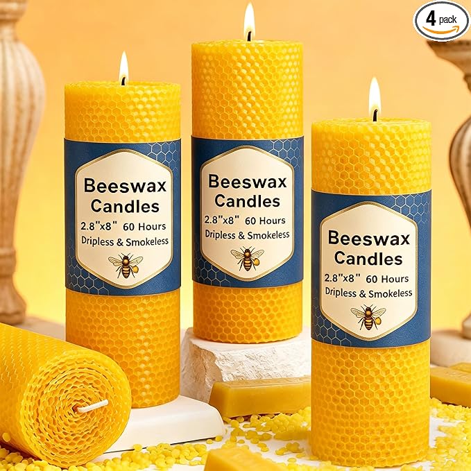 4 Pack Large Beeswax Pillar Candles, 2.8x8 Inch Pure Natural Beeswax Candles 200 Hours Emergency Candle, Organic Unscented Bees Wax Candles for Home, Paryer, Party