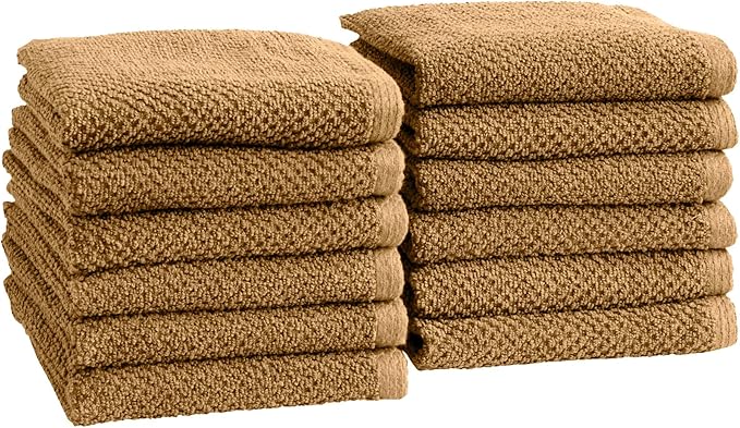 Great Bay Home 100% Cotton 12-Pack 13x13 Wash Cloth - Absorbent, Quick-Drying, Durable Face Towels for Bathroom Decor - Low-Twist, Two-Ply Fibers (Mocha)