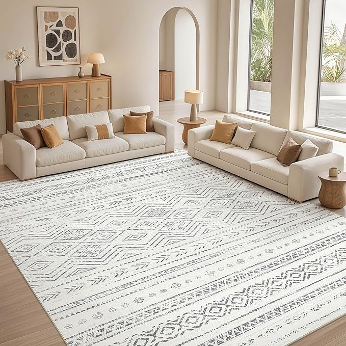 Tortania Area Rug Living Room Rugs- 10x12 Washable Large Soft Neutral Boho Moroccan Bohemian Farmhouse Rug Indoor Floor Carpet for Bedroom Under Dining Table Home Office Decor - Beige Gray