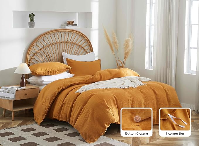 100% French Flax Linen Duvet Cover Set, Queen Size 90''x90'' 3 Pcs with 8 Corner Ties and Button Closure, Soft and Breathable for All Season(Rust, Queen)
