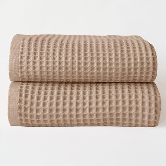 Premium Waffle Bath Sheet Towels Pack of 2 Extra Large 35x71 inch - 100% Turkish Cotton, Waffle Weave, Quick Dry, Lint Free, Light, Thin, Oversized Bath Towel (Brown, Set of 2 Bath Towels)