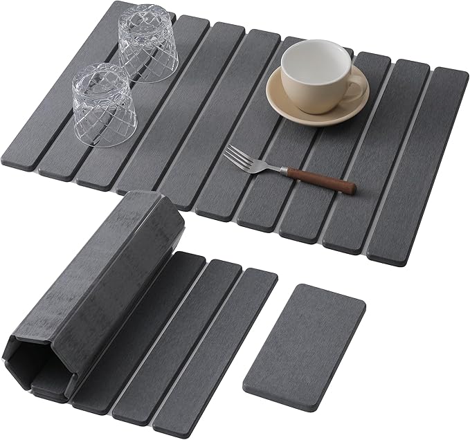 Large Stone Dish Drying Mat for Kitchen Counter, Fast Dry Diatomaceous Earth Mat – Foldable Stone Mat for Dishes, Utensils, Soap Dish – Non-Slip & Heat Resistant–2 PCS (23.6"×15.3" & 8"×4")–Dark Grey