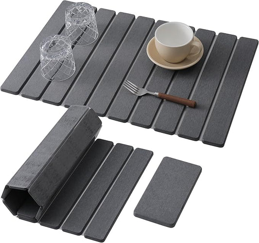 Large Stone Dish Drying Mat for Kitchen Counter, Fast Dry Diatomaceous Earth Mat – Foldable Stone Mat for Dishes, Utensils, Soap Dish – Non-Slip & Heat Resistant–2 PCS (23.6"×15.3" & 8"×4")–Dark Grey