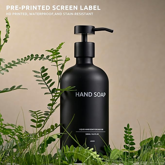 Glass Soap Dispenser Bathroom Set by Janxin, Foaming Kitchen soap Dispenser with Ceramic Tray for Dish Soap, Liquid Soap Dispenser for Hand Soap, Lotion, Body Wash (Black)