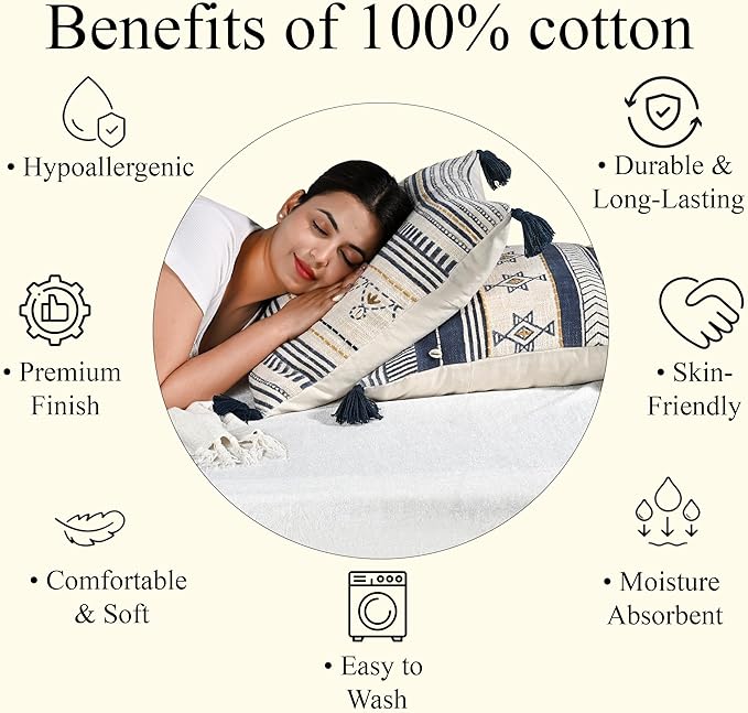 Ridhi Block Print Off White Navy Gold Cotton Handmade TNT Cushion Cover 20x20 Inch Decorative Throw Pillow Cover for Sofa, Living Room, Bedroom Decor, Soft, Cushion Case for Spring, Summer