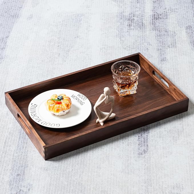 20"x12" Wooden Ottoman Tray with Handle FSC Natural Handmade Rectangle Black Walnut Serving Tray Vintage Decorative Platters for Oversized Ottoman Kitchen