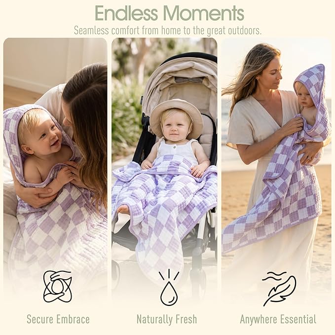 Ultra-Soft Muslin Baby Towel - 32 x 32 Inches, Ideal for Bath & Beach, Suitable for Both Boys & Girls from Newborns to Toddlers(Purple Plaid)
