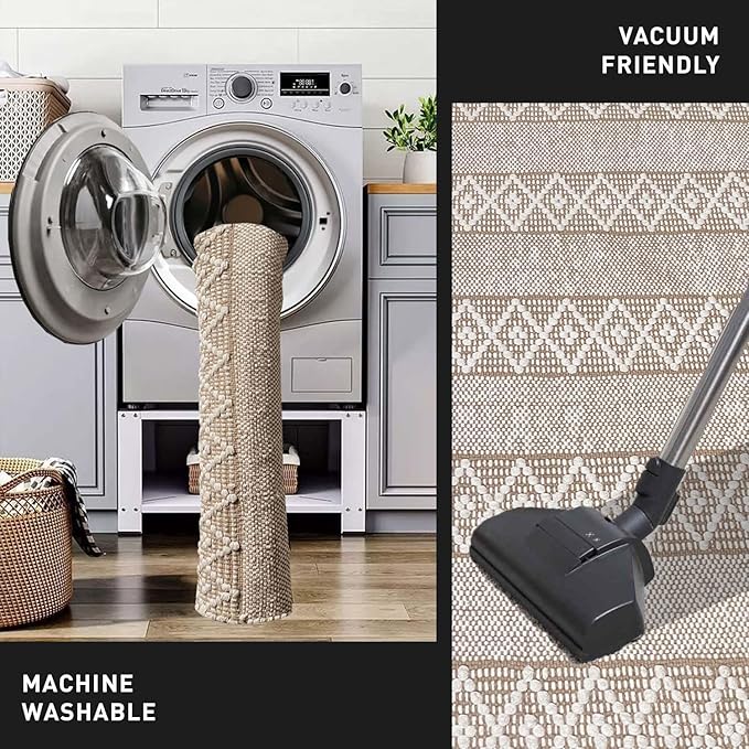 Chardin home Beige & White Boho Throw Rug 2x3 feet |Hand Woven Farmhouse Rug | Great in Kitchens entryways doormats Bathrooms Meditation Mat | Machine Washable & Reversible Cotton Rugs