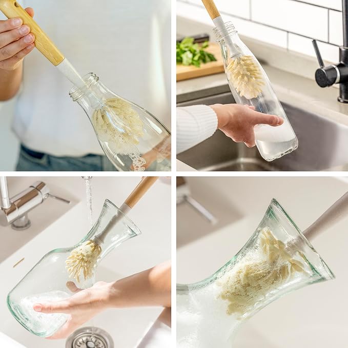 Vigar Zeroline 10.2" Bamboo Bottle Brush With Long Handle - Water Bottle Brush for Glassware, Tumblers, Jars and Vases, Kitchen Dish Scrubber, Wooden Bottle Cleaner, Dish Brush for Sink, Kitchen Brush