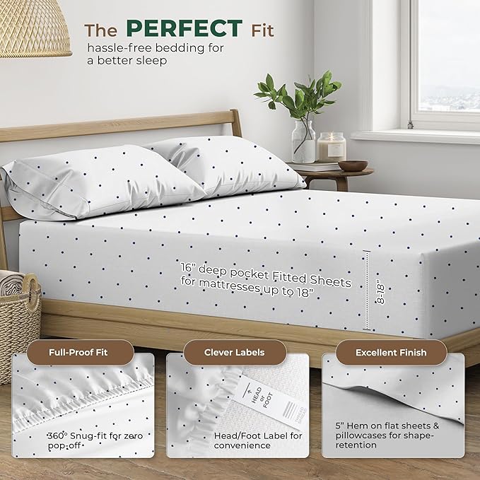 THREAD SPREAD 100% Organic Cotton Sheets Full Size - Organic Cotton Full Size Percale Sheet Set (4 PC, Navy Polka Dot), Soft, Cooling, Crisp & Breathable, 16" Deep Pocket Hotel Quality Bedding Set