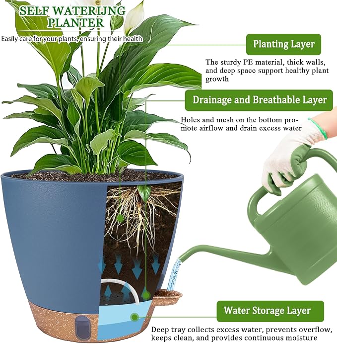 2 Pack 8 inch Plant Pots, Plastic Self Watering Planters with Drainage Holes, Deep Reservoir, Water Level Indicator, Modern Decorative Flower Pots for Indoor Outdoor Plants (Navy Blue, 8 inch)