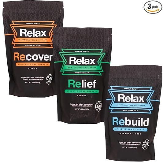 Relax Spa & Bath, Epsom & Dead Sea Salts, Aromatherapy Bath Salts for Hot Tub, Bath, or Spa, Infused with Magnesium, 3 Pack, Athletic Soak Therapy