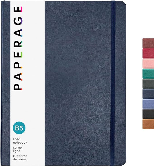 PAPERAGE Softcover Lined Journal Notebook (Navy), 176 Pages, Large B5 College Ruled Notebook, 7.6 inches x 10 inches - 100 GSM Thick Premium Paper, Soft Vegan Leather Journal for Home, Work & School