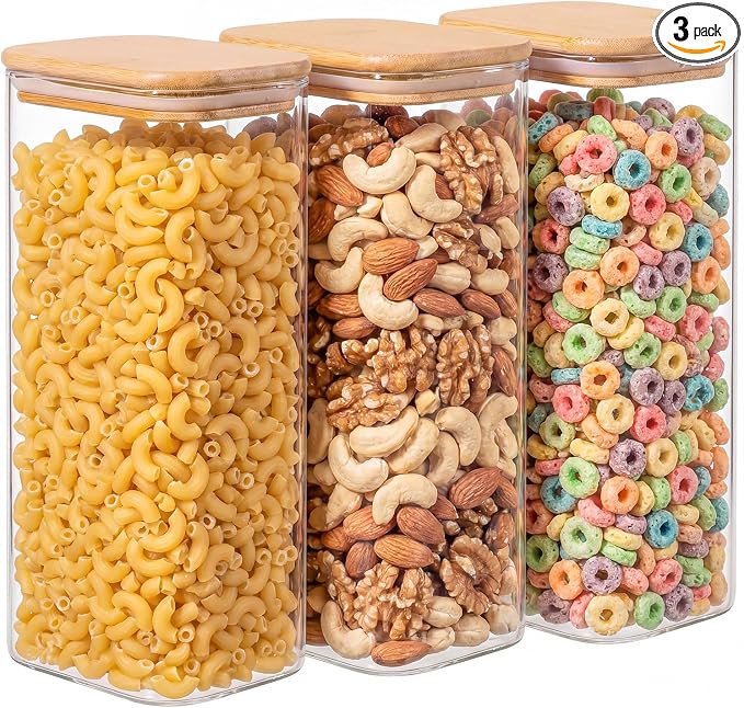 3-Pack 1.8Qt Rectangle Glass Storage Jars with Bamboo Lids | Minimalist Kitchen Organizer,Scandinavian Style Storage,Nordic Style Storage,Food Storage Canister for Pasta, Penne, Macaroni